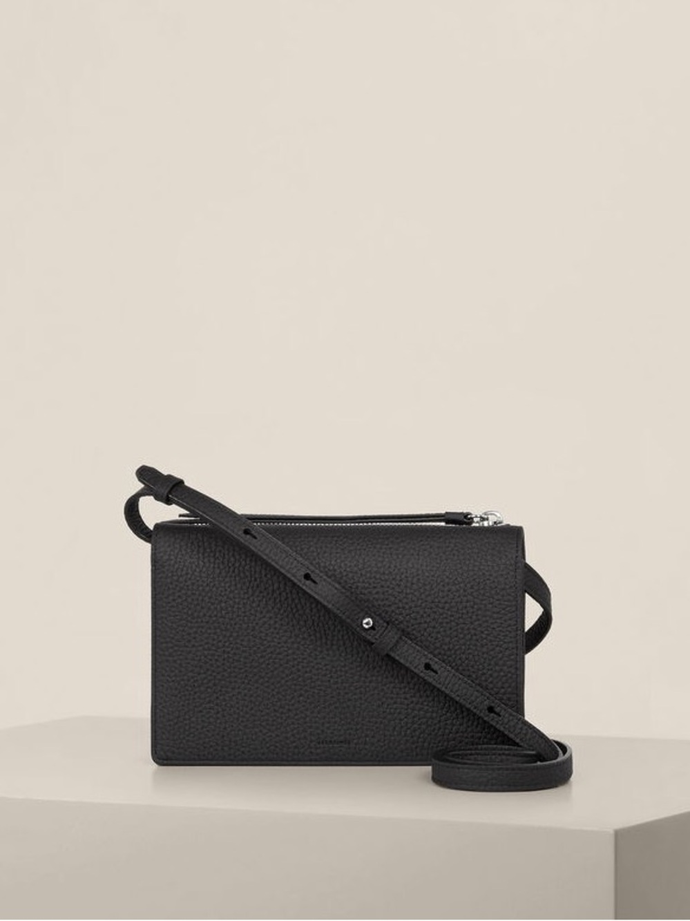 All Saints Black Leather Fetch Wallet Crossbody with Chain